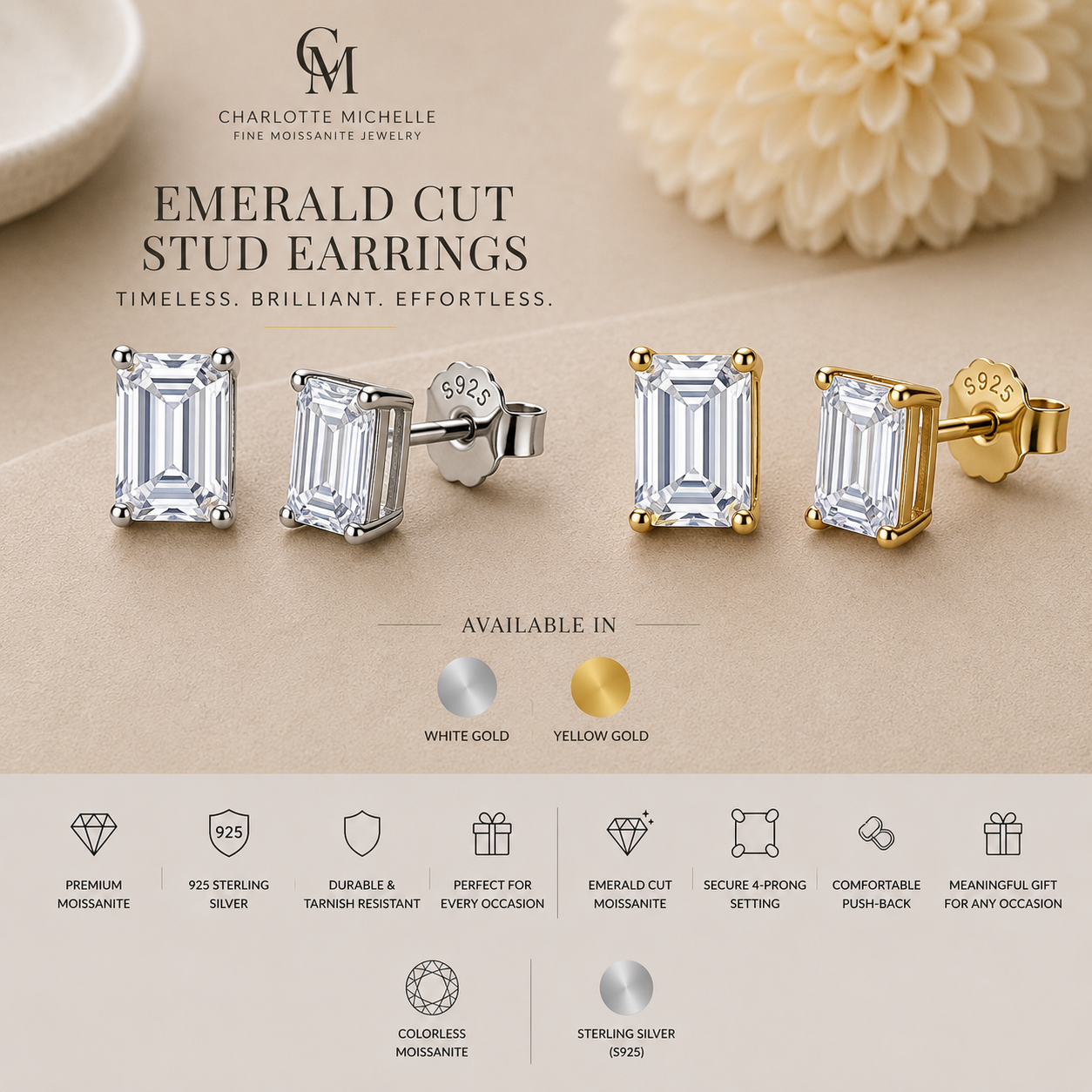 Emerald Cut Moissanite Stud Earrings