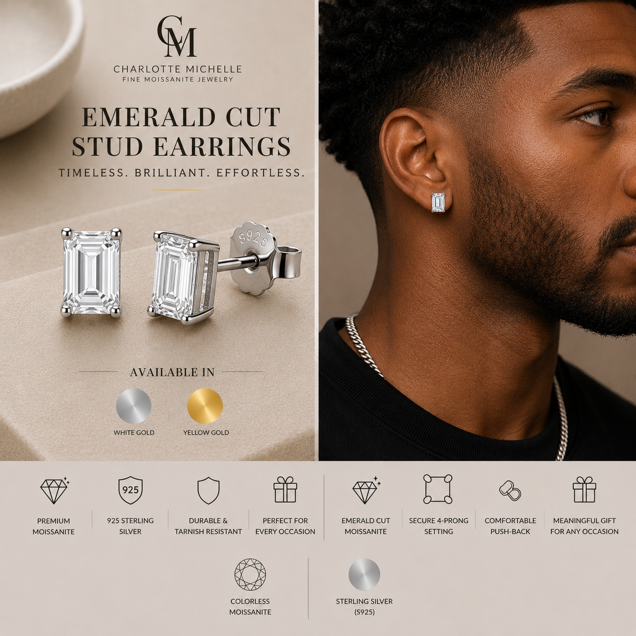 Emerald Cut Moissanite Stud Earrings
