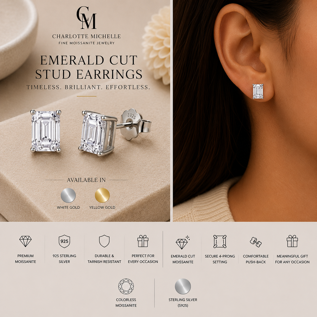 Emerald Cut Moissanite Stud Earrings