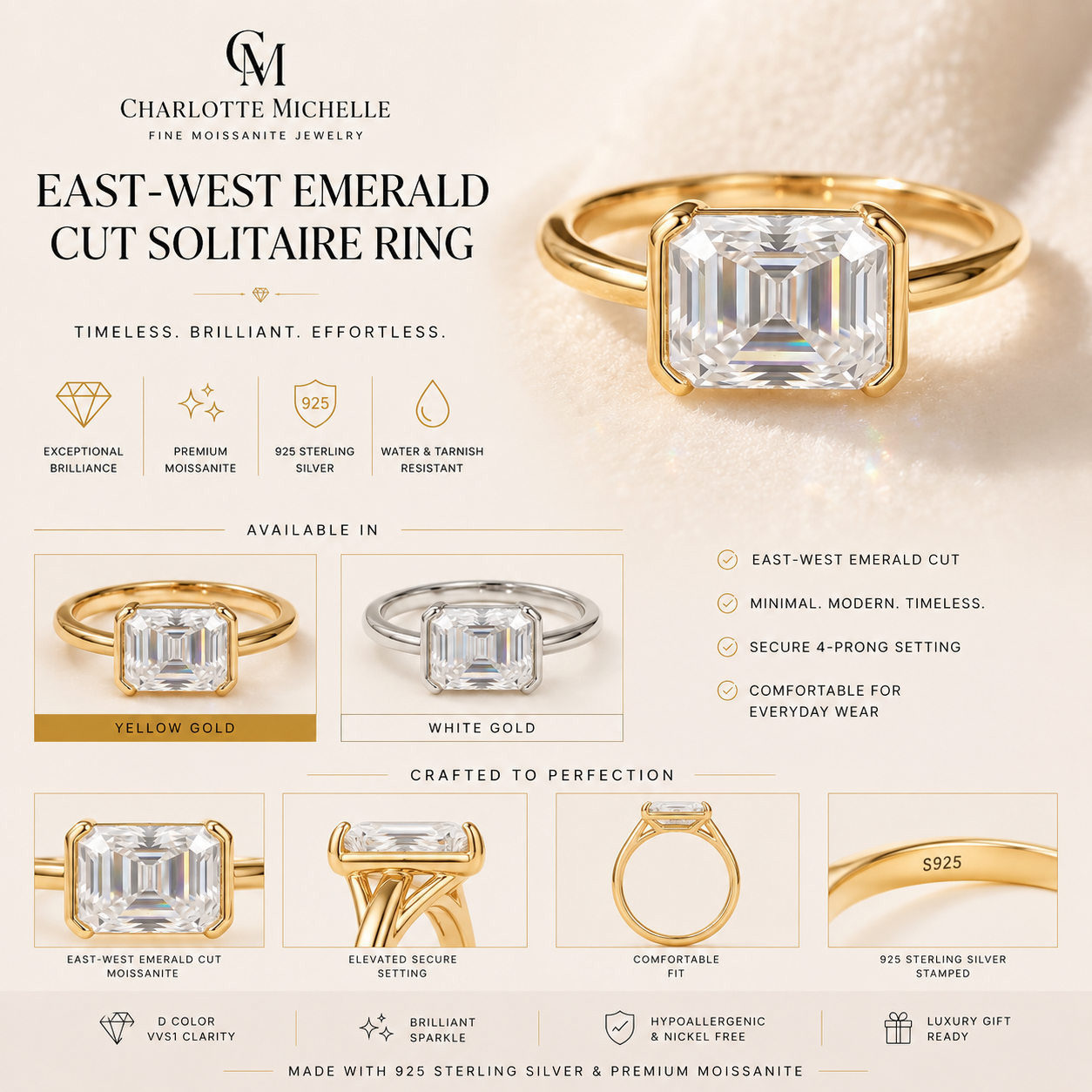 East-West Emerald Cut Solitaire Ring