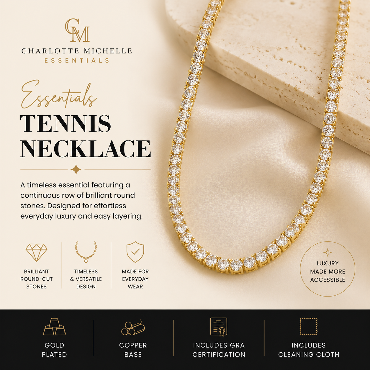 Essentials Round Tennis Necklace (Gold Plated)